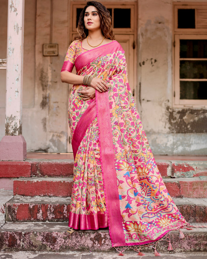 Peach Tussar Silk Saree with Kalamkari Floral Print, Rani Pink Woven Border, Tassels & Attached Blouse