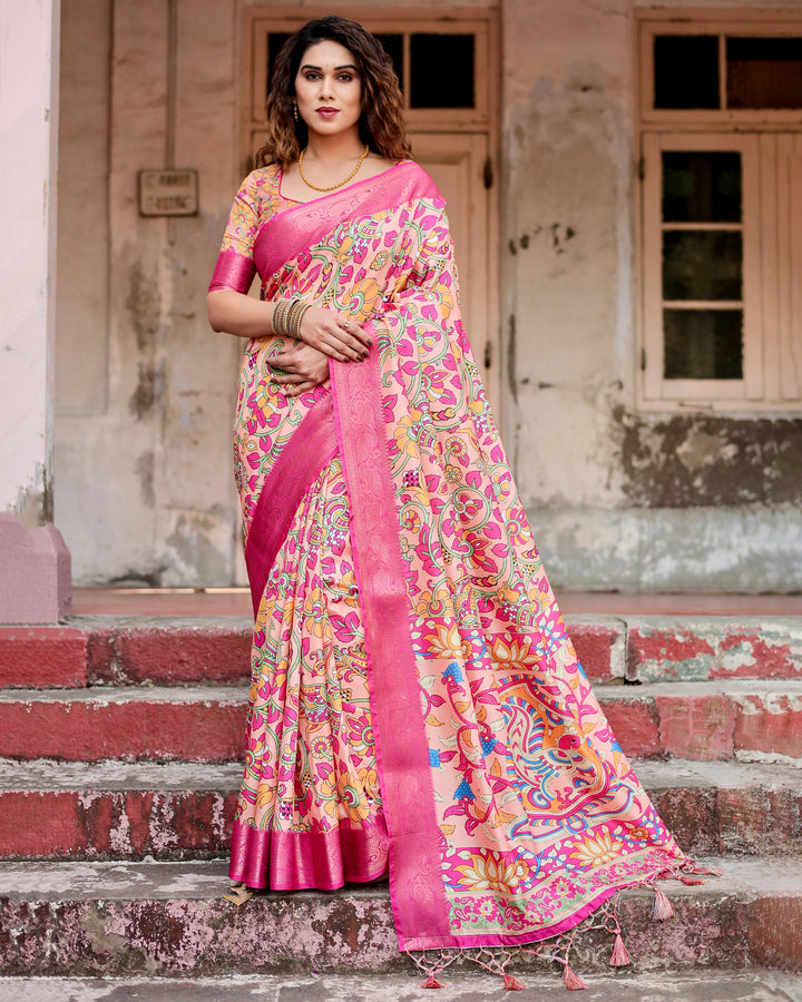 Peach Tussar Silk Saree with Kalamkari Floral Print, Rani Pink Woven Border, Tassels & Attached Blouse