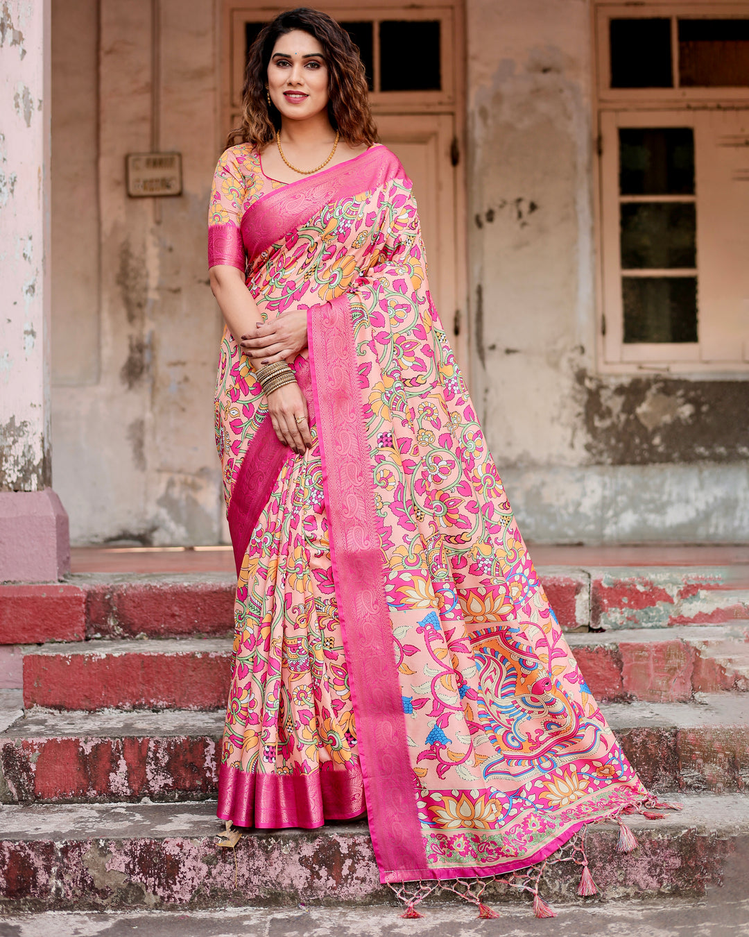 Peach Tussar Silk Saree with Kalamkari Floral Print, Rani Pink Woven Border, Tassels & Attached Blouse