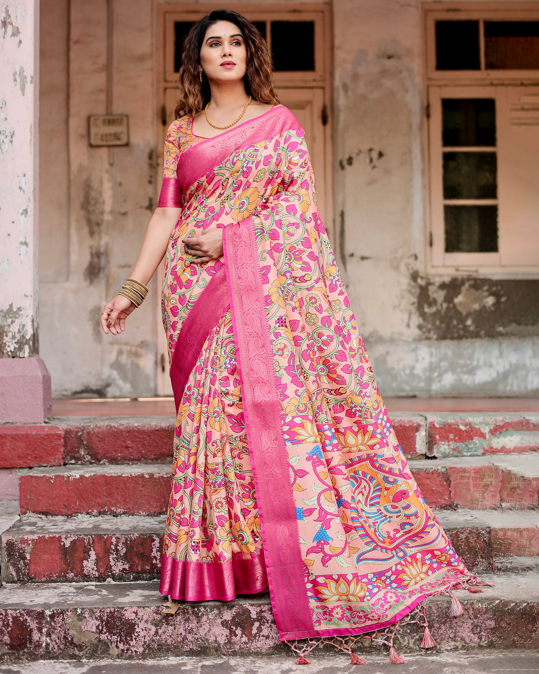 Peach Tussar Silk Saree with Kalamkari Floral Print, Rani Pink Woven Border, Tassels & Attached Blouse