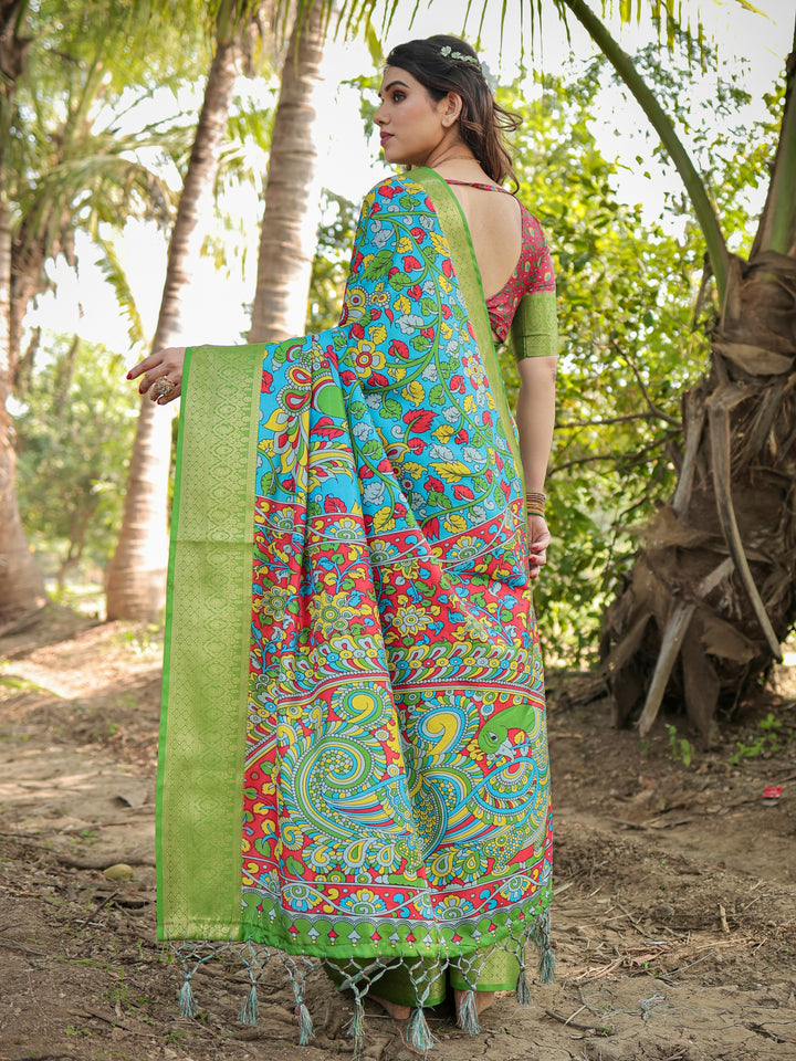 Turquoise Blue Tussar Silk Saree with Kalamkari Peacock Print, Green Woven Border, Tassels & Attached Blouse