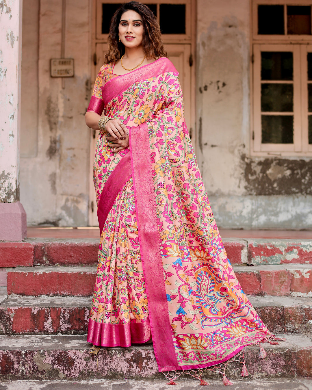 Peach Tussar Silk Saree with Kalamkari Floral Print, Rani Pink Woven Border, Tassels & Attached Blouse