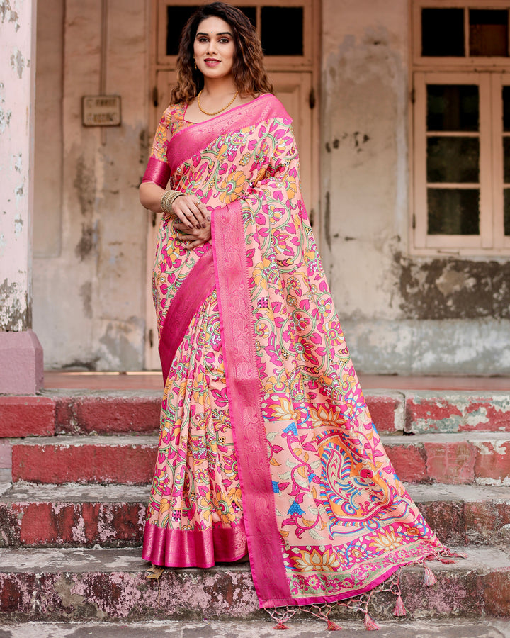 Peach Tussar Silk Saree with Kalamkari Floral Print, Rani Pink Woven Border, Tassels & Attached Blouse