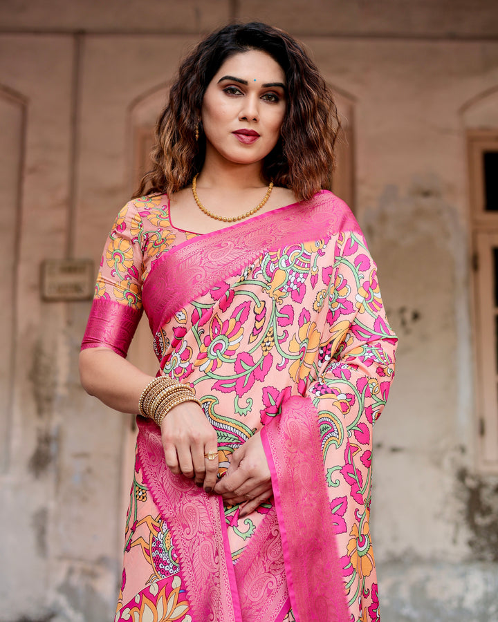 Peach Tussar Silk Saree with Kalamkari Floral Print, Rani Pink Woven Border, Tassels & Attached Blouse