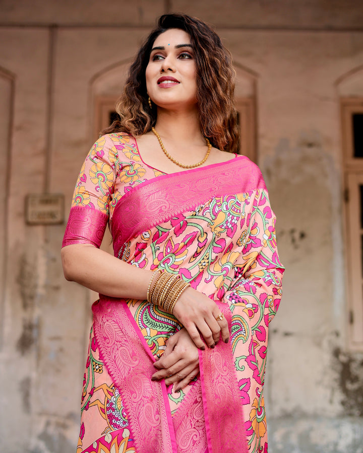 Peach Tussar Silk Saree with Kalamkari Floral Print, Rani Pink Woven Border, Tassels & Attached Blouse