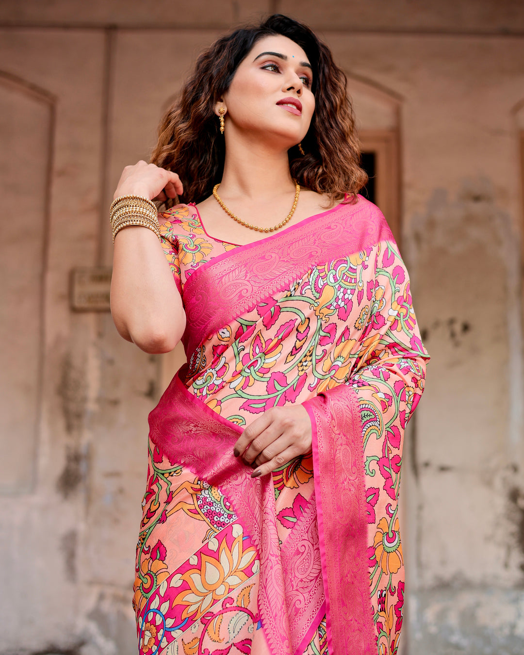 Peach Tussar Silk Saree with Kalamkari Floral Print, Rani Pink Woven Border, Tassels & Attached Blouse