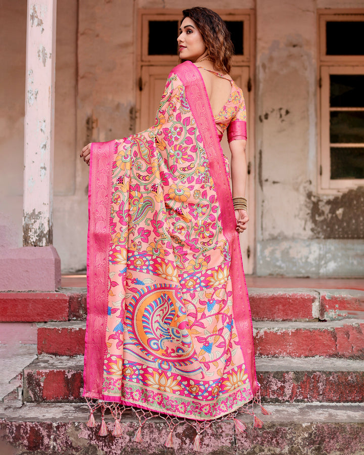 Peach Tussar Silk Saree with Kalamkari Floral Print, Rani Pink Woven Border, Tassels & Attached Blouse