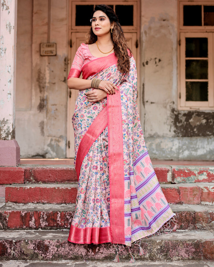 Blush Pink Tussar Silk Saree with Multicolour Floral Print, Rani Pink Woven Border, Tassels & Attached Blouse