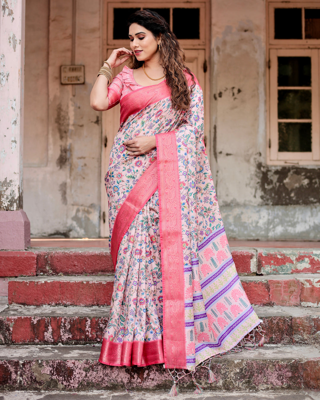 Blush Pink Tussar Silk Saree with Multicolour Floral Print, Rani Pink Woven Border, Tassels & Attached Blouse