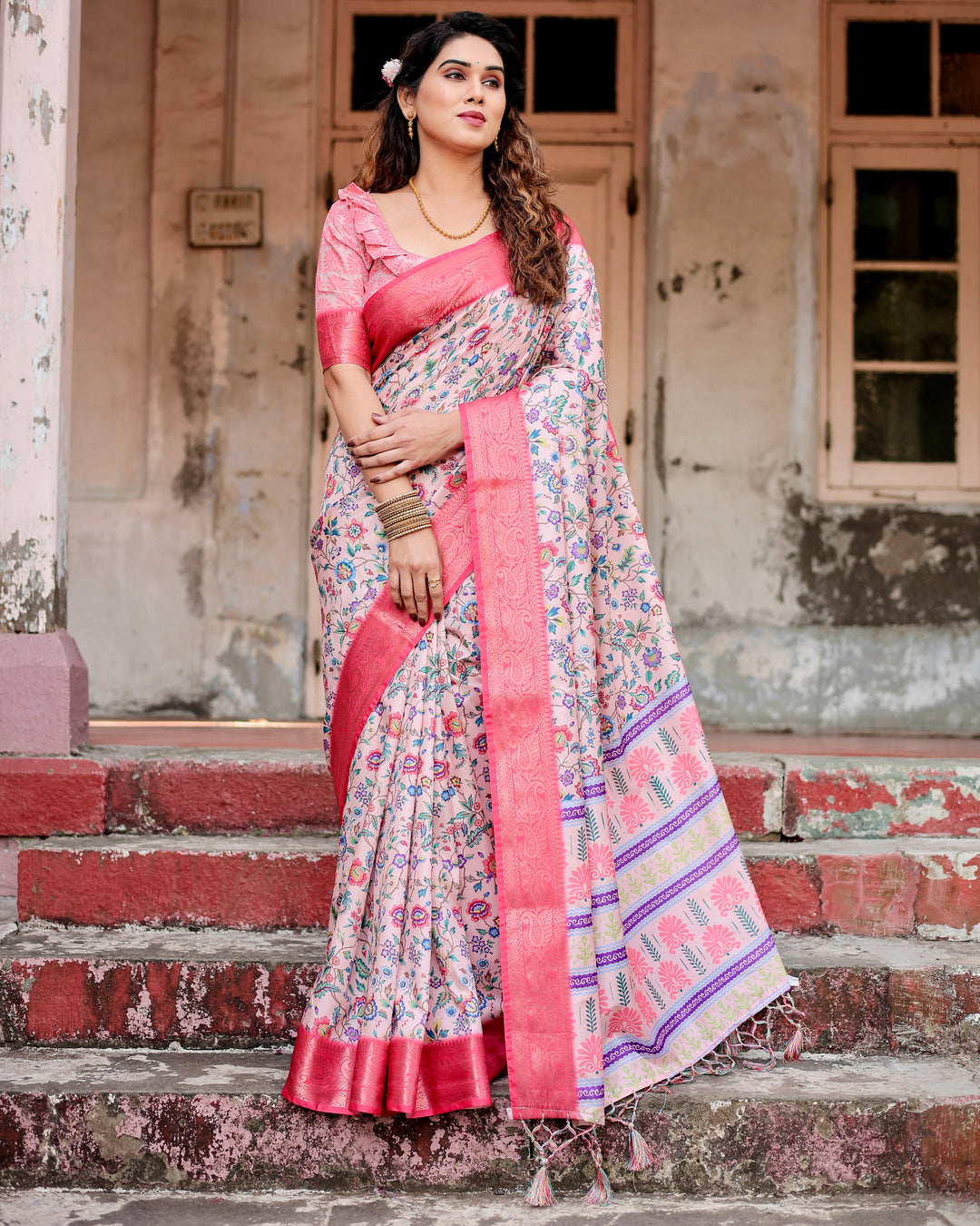 Blush Pink Tussar Silk Saree with Multicolour Floral Print, Rani Pink Woven Border, Tassels & Attached Blouse