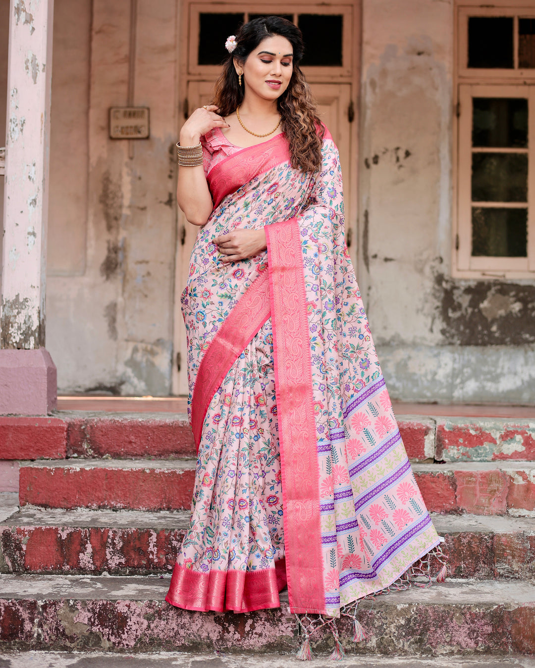 Blush Pink Tussar Silk Saree with Multicolour Floral Print, Rani Pink Woven Border, Tassels & Attached Blouse