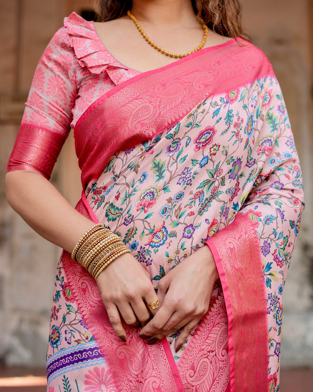 Blush Pink Tussar Silk Saree with Multicolour Floral Print, Rani Pink Woven Border, Tassels & Attached Blouse