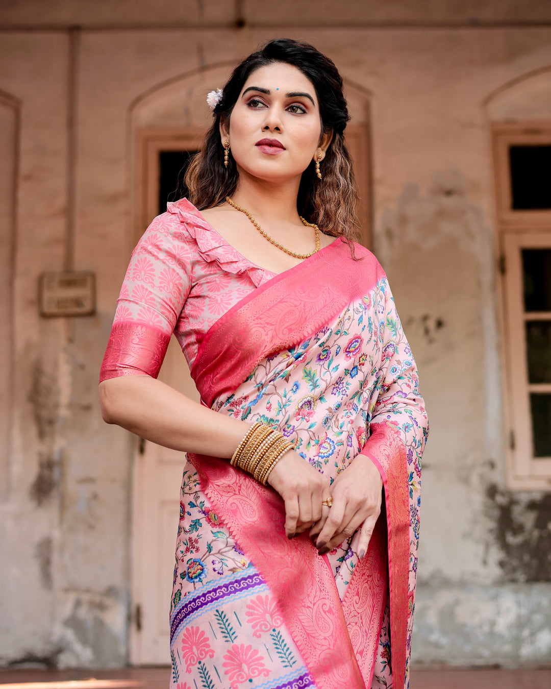 Blush Pink Tussar Silk Saree with Multicolour Floral Print, Rani Pink Woven Border, Tassels & Attached Blouse