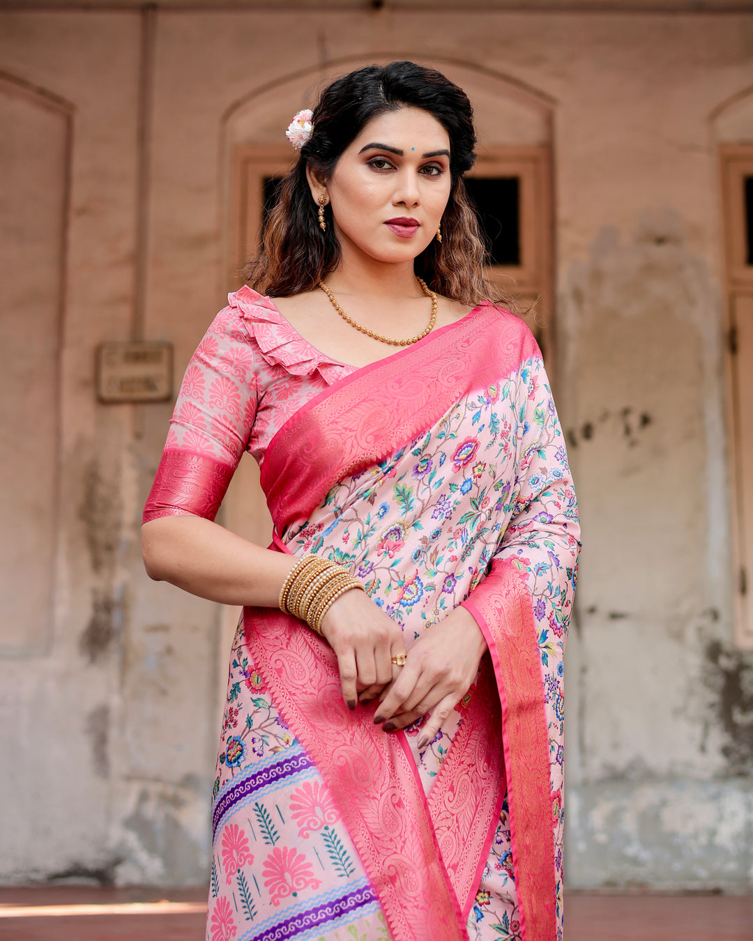 Blush Pink Tussar Silk Saree with Multicolour Floral Print, Rani Pink Woven Border, Tassels & Attached Blouse