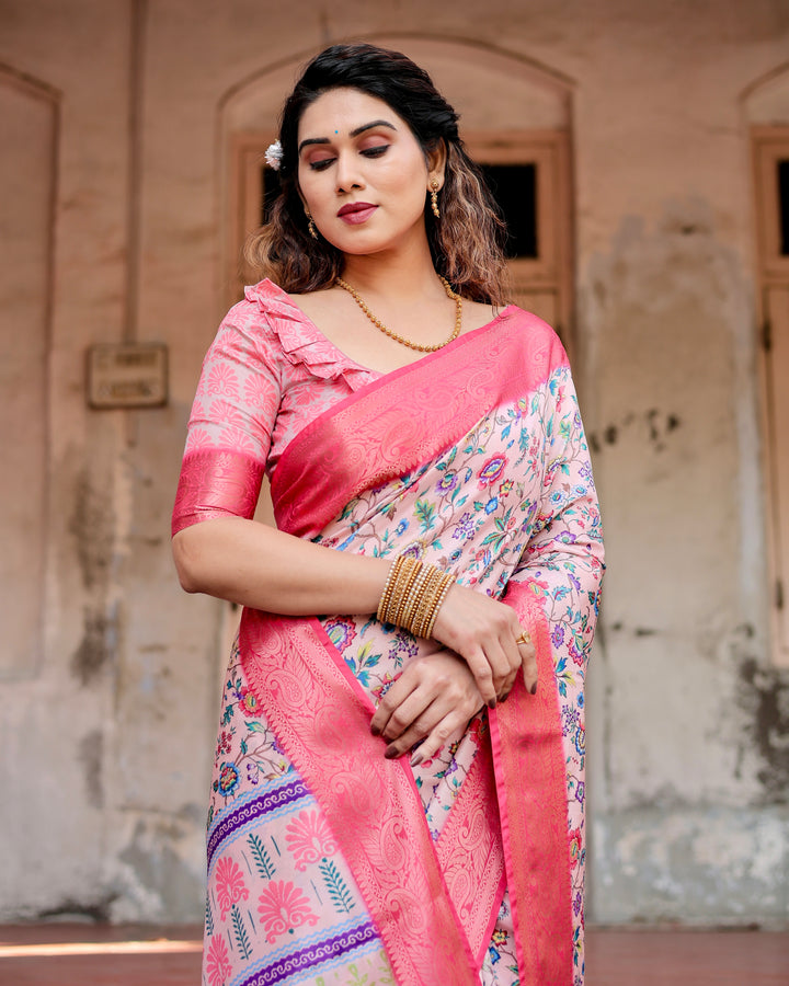 Blush Pink Tussar Silk Saree with Multicolour Floral Print, Rani Pink Woven Border, Tassels & Attached Blouse