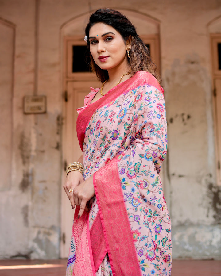 Blush Pink Tussar Silk Saree with Multicolour Floral Print, Rani Pink Woven Border, Tassels & Attached Blouse