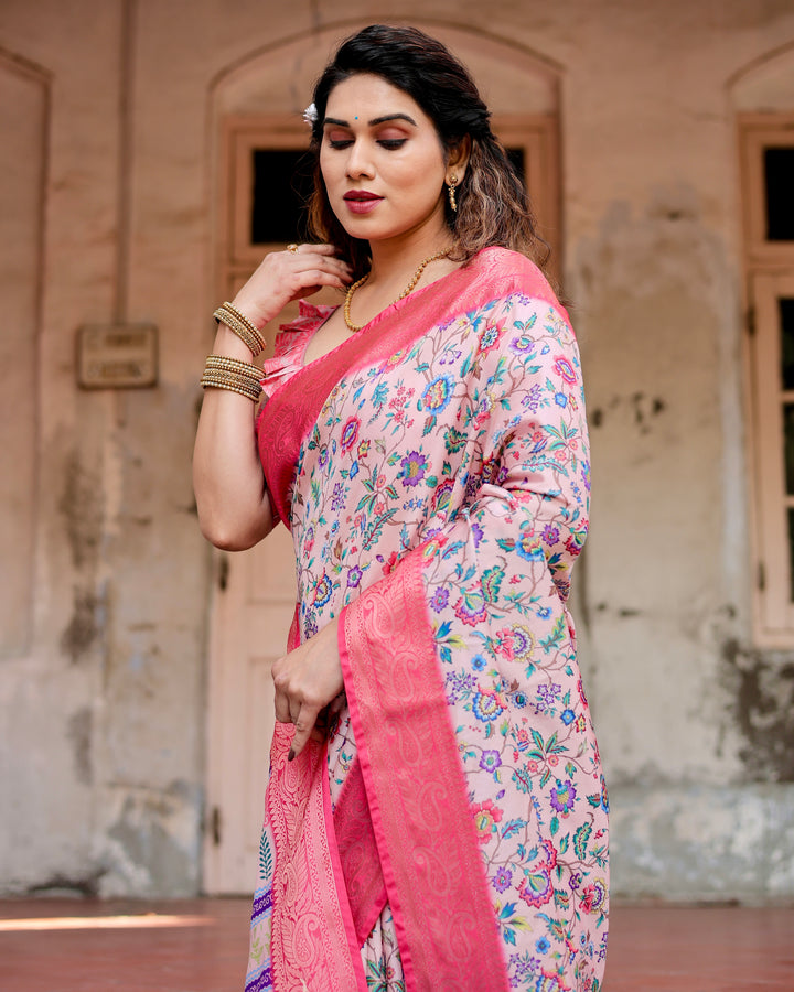 Blush Pink Tussar Silk Saree with Multicolour Floral Print, Rani Pink Woven Border, Tassels & Attached Blouse