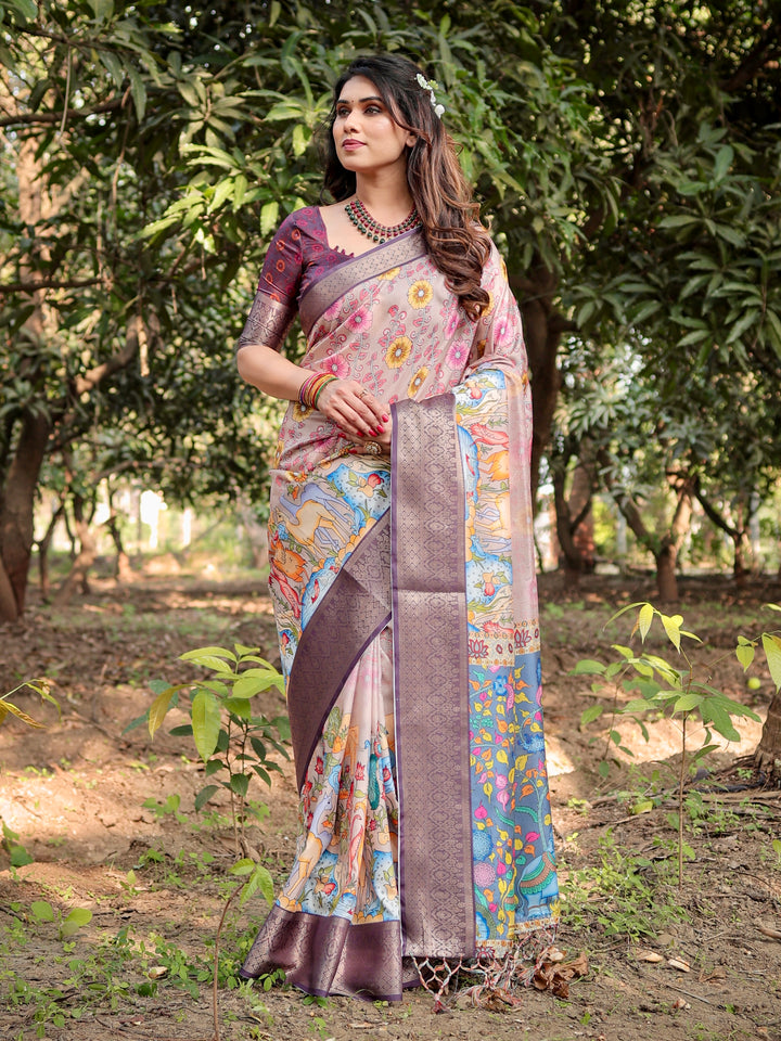 Blush Pink Tussar Silk Saree with Floral & Nature-Inspired Print, Woven Border, Tassels & Attached Blouse