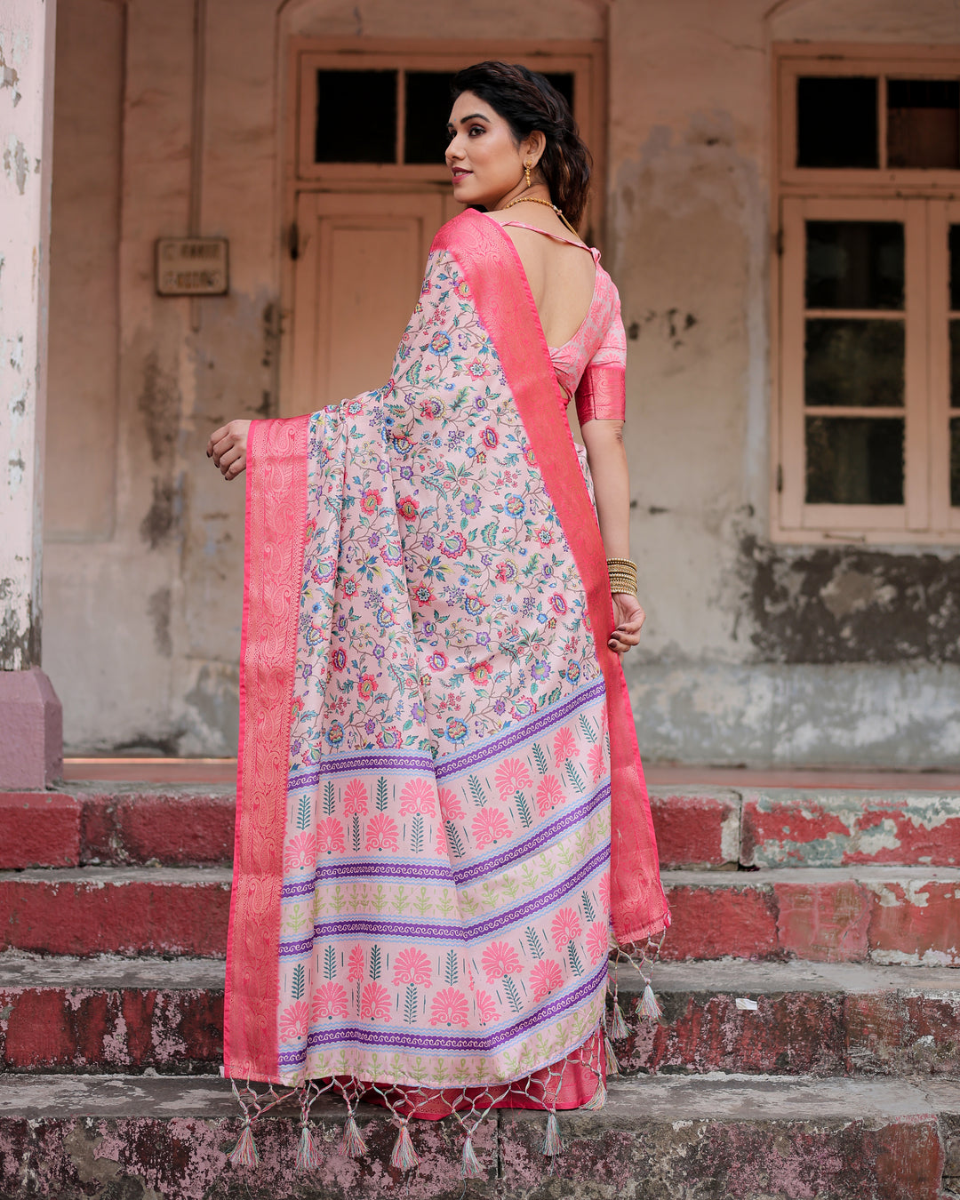 Blush Pink Tussar Silk Saree with Multicolour Floral Print, Rani Pink Woven Border, Tassels & Attached Blouse