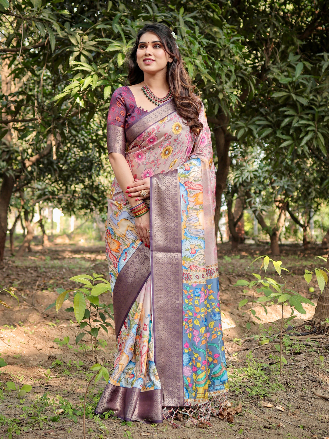 Blush Pink Tussar Silk Saree with Floral & Nature-Inspired Print, Woven Border, Tassels & Attached Blouse