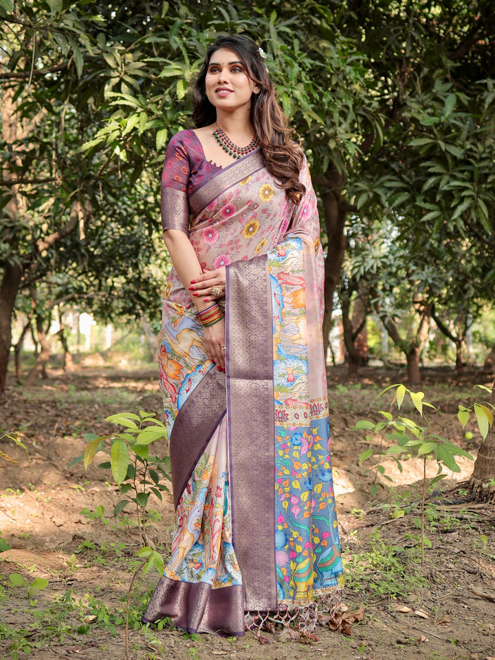 Blush Pink Tussar Silk Saree with Floral & Nature-Inspired Print, Woven Border, Tassels & Attached Blouse
