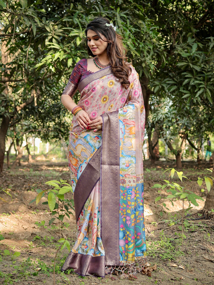 Blush Pink Tussar Silk Saree with Floral & Nature-Inspired Print, Woven Border, Tassels & Attached Blouse