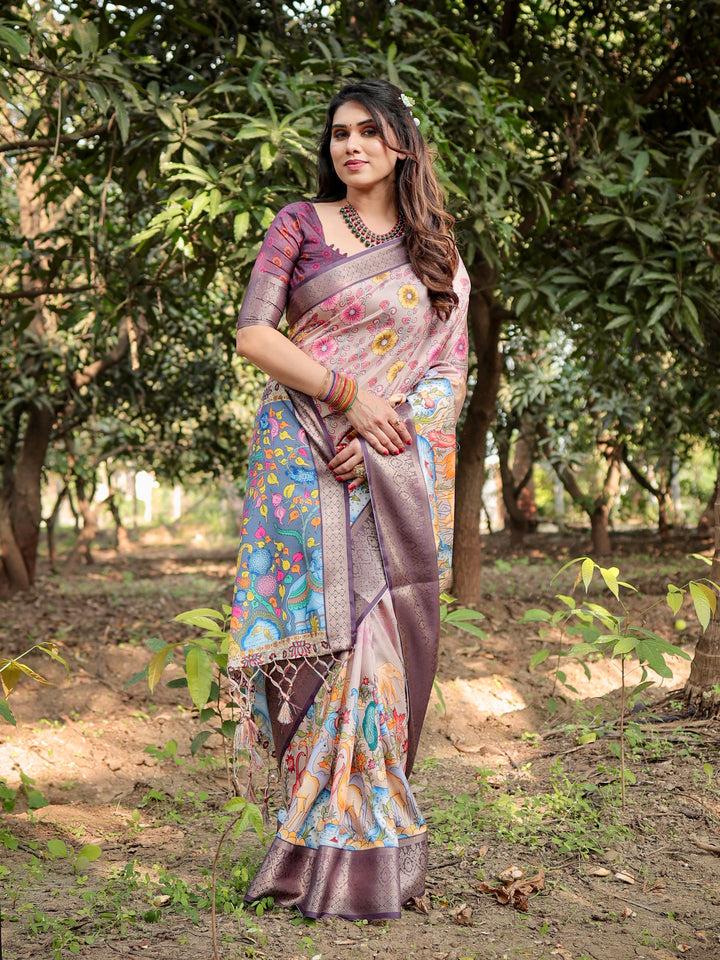 Blush Pink Tussar Silk Saree with Floral & Nature-Inspired Print, Woven Border, Tassels & Attached Blouse