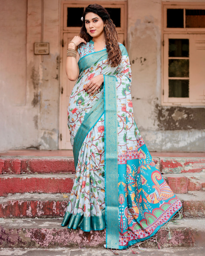 Ice Blue Tussar Silk Saree with Kalamkari Floral Print, Turquoise Woven Border, Peacock Pallu, Tassels & Attached Blouse