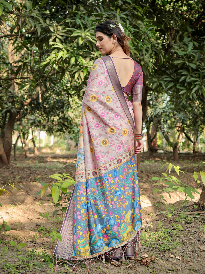 Blush Pink Tussar Silk Saree with Floral & Nature-Inspired Print, Woven Border, Tassels & Attached Blouse