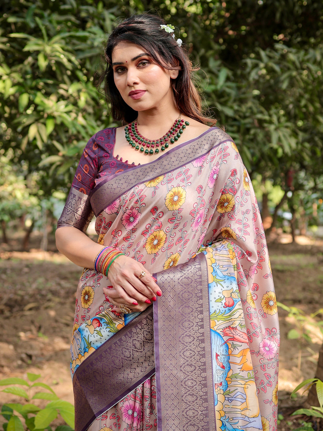Blush Pink Tussar Silk Saree with Floral & Nature-Inspired Print, Woven Border, Tassels & Attached Blouse