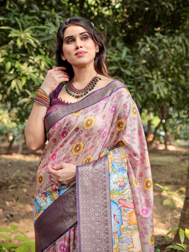 Blush Pink Tussar Silk Saree with Floral & Nature-Inspired Print, Woven Border, Tassels & Attached Blouse