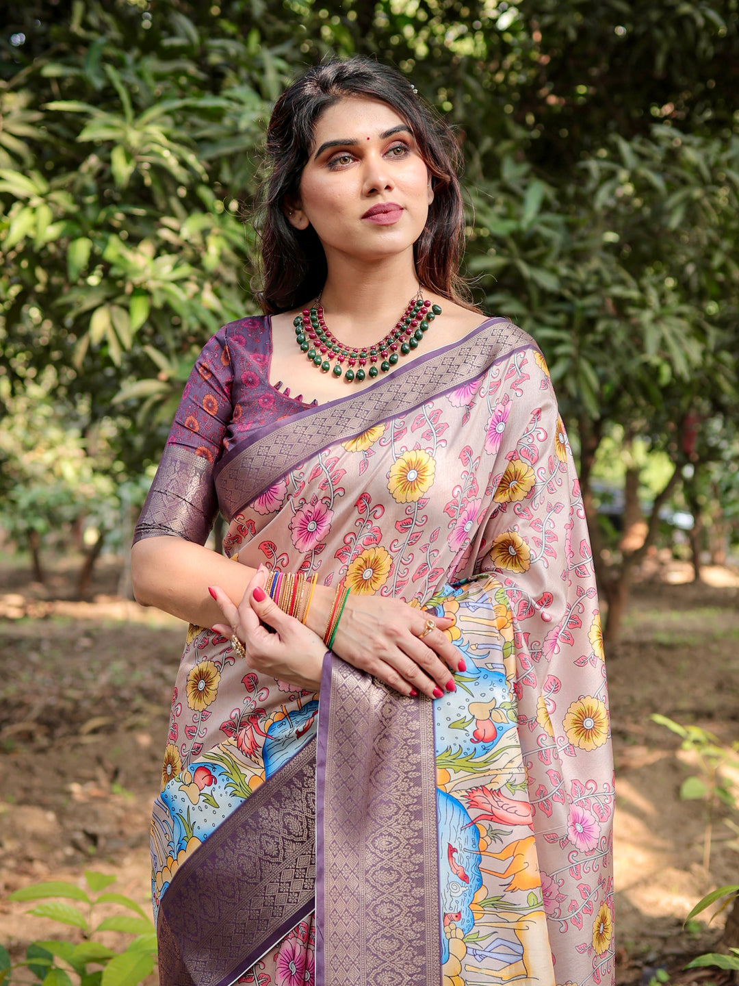 Blush Pink Tussar Silk Saree with Floral & Nature-Inspired Print, Woven Border, Tassels & Attached Blouse
