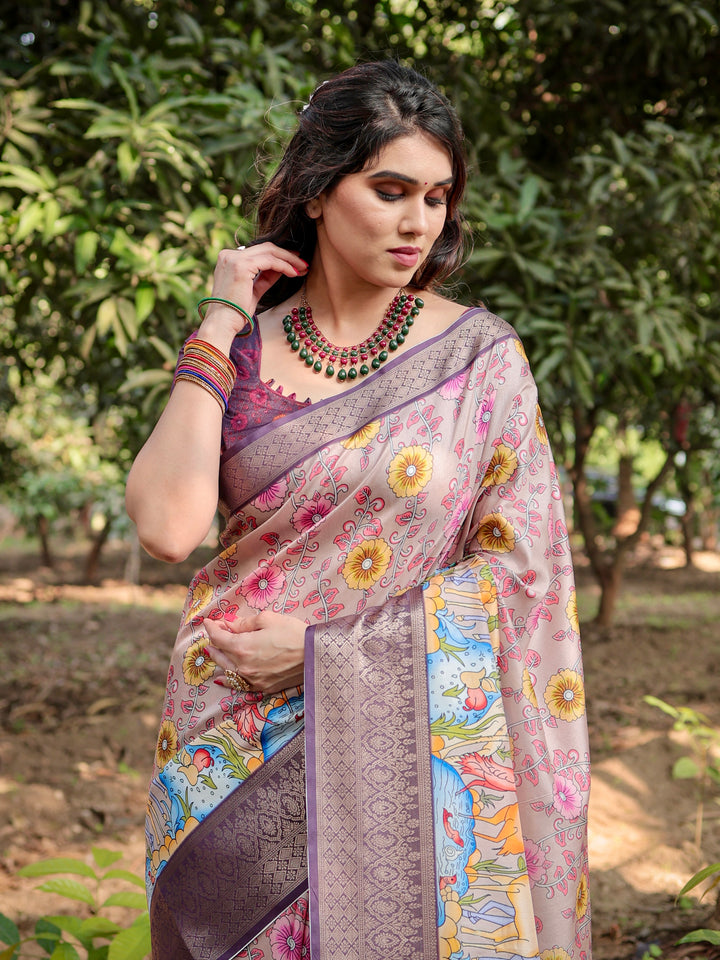 Blush Pink Tussar Silk Saree with Floral & Nature-Inspired Print, Woven Border, Tassels & Attached Blouse