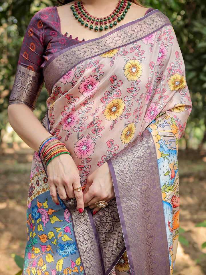 Blush Pink Tussar Silk Saree with Floral & Nature-Inspired Print, Woven Border, Tassels & Attached Blouse