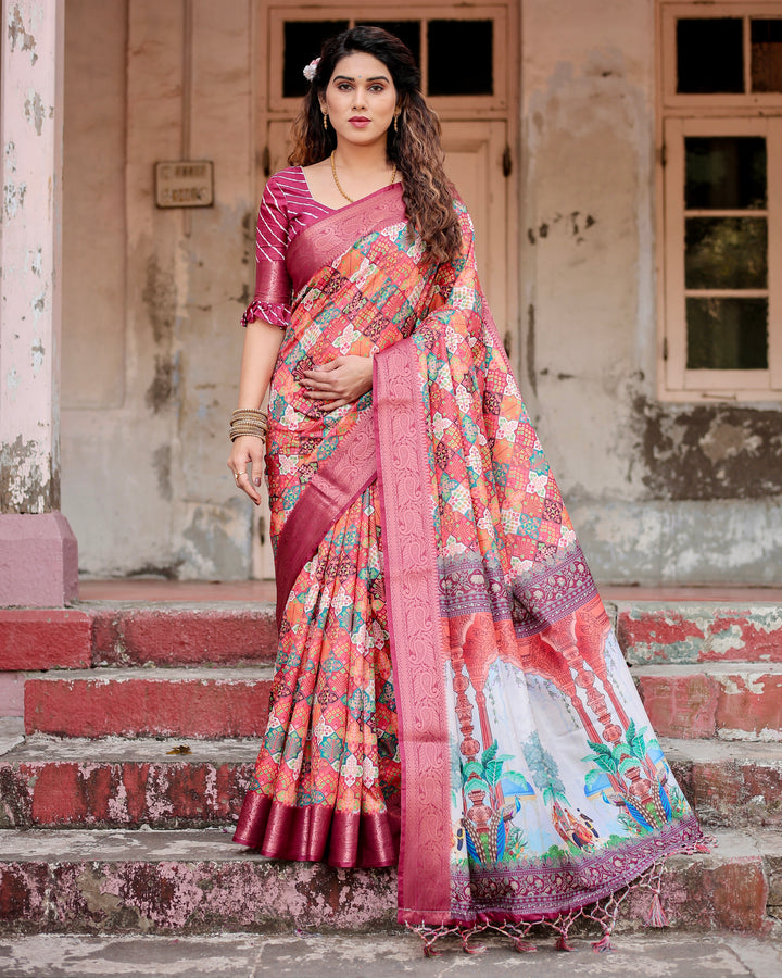 Multicolour Tussar Silk Saree with Patchwork-Inspired Print, Wine Woven Border, Heritage Pallu, Tassels & Attached Blouse