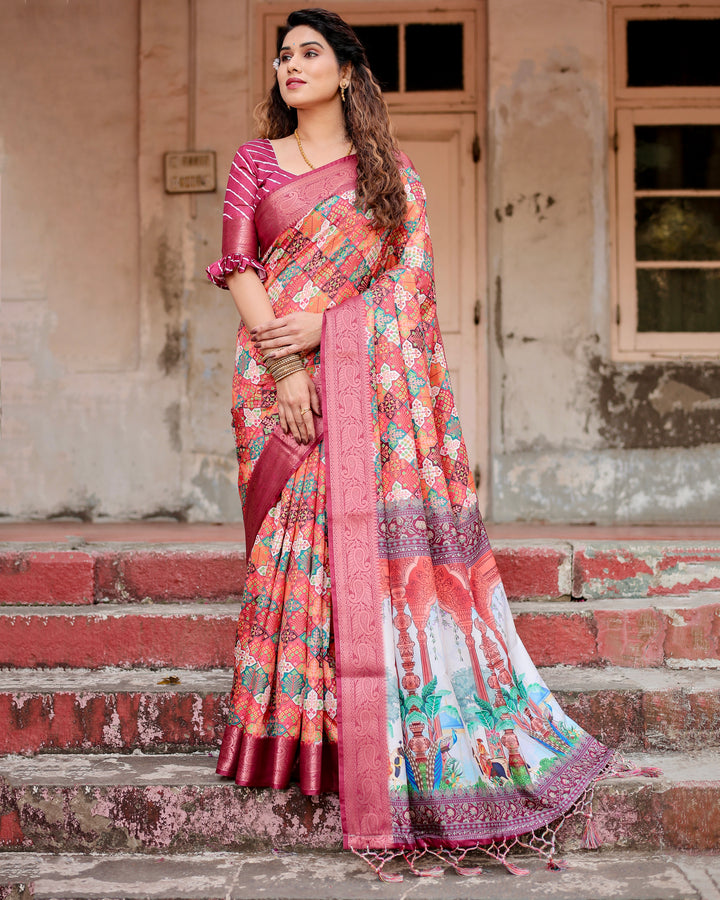 Multicolour Tussar Silk Saree with Patchwork-Inspired Print, Wine Woven Border, Heritage Pallu, Tassels & Attached Blouse