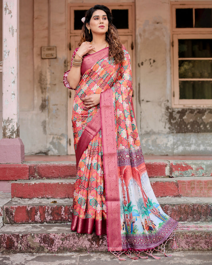 Multicolour Tussar Silk Saree with Patchwork-Inspired Print, Wine Woven Border, Heritage Pallu, Tassels & Attached Blouse