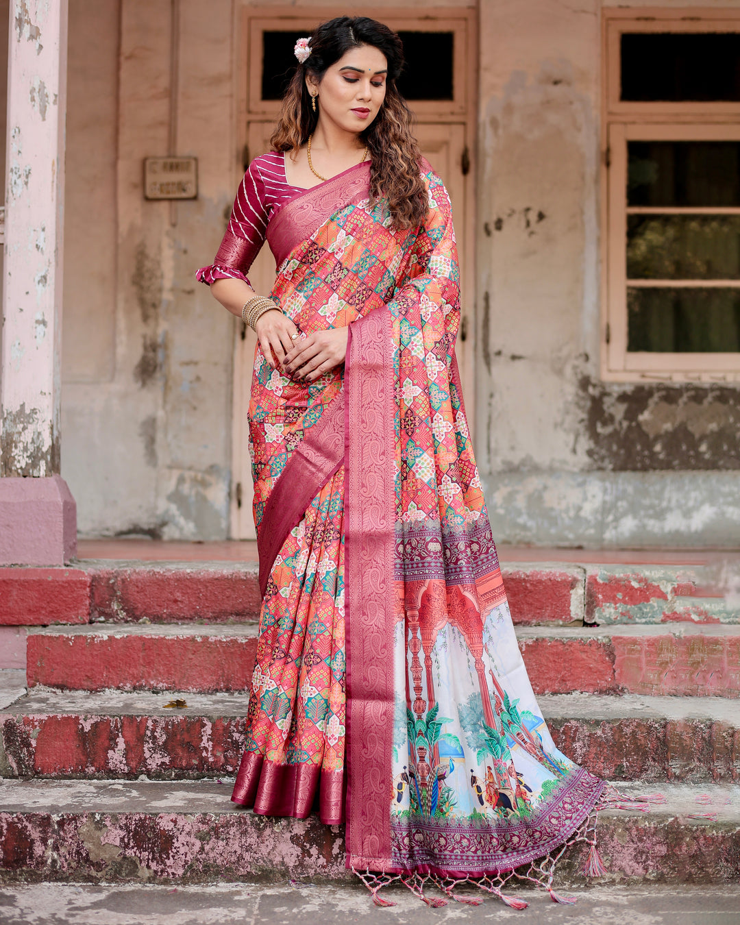 Multicolour Tussar Silk Saree with Patchwork-Inspired Print, Wine Woven Border, Heritage Pallu, Tassels & Attached Blouse