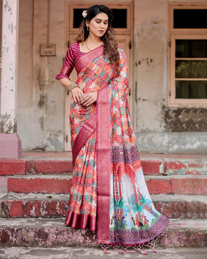 Multicolour Tussar Silk Saree with Patchwork-Inspired Print, Wine Woven Border, Heritage Pallu, Tassels & Attached Blouse