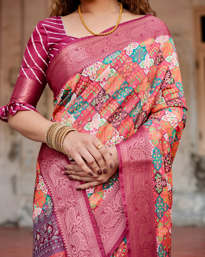 Multicolour Tussar Silk Saree with Patchwork-Inspired Print, Wine Woven Border, Heritage Pallu, Tassels & Attached Blouse