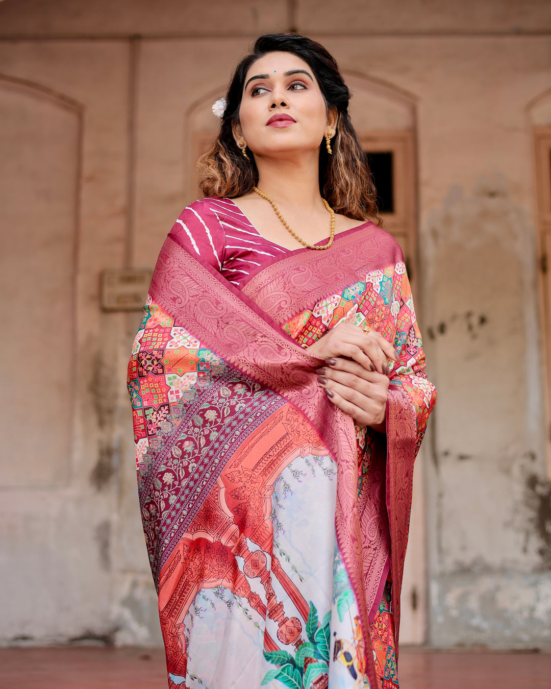 Multicolour Tussar Silk Saree with Patchwork-Inspired Print, Wine Woven Border, Heritage Pallu, Tassels & Attached Blouse