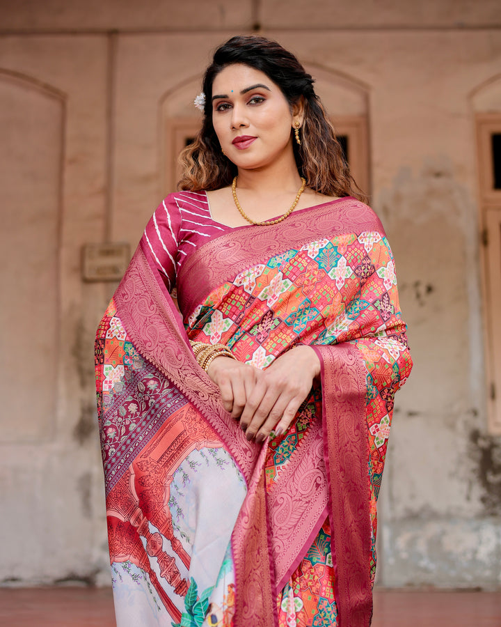 Multicolour Tussar Silk Saree with Patchwork-Inspired Print, Wine Woven Border, Heritage Pallu, Tassels & Attached Blouse