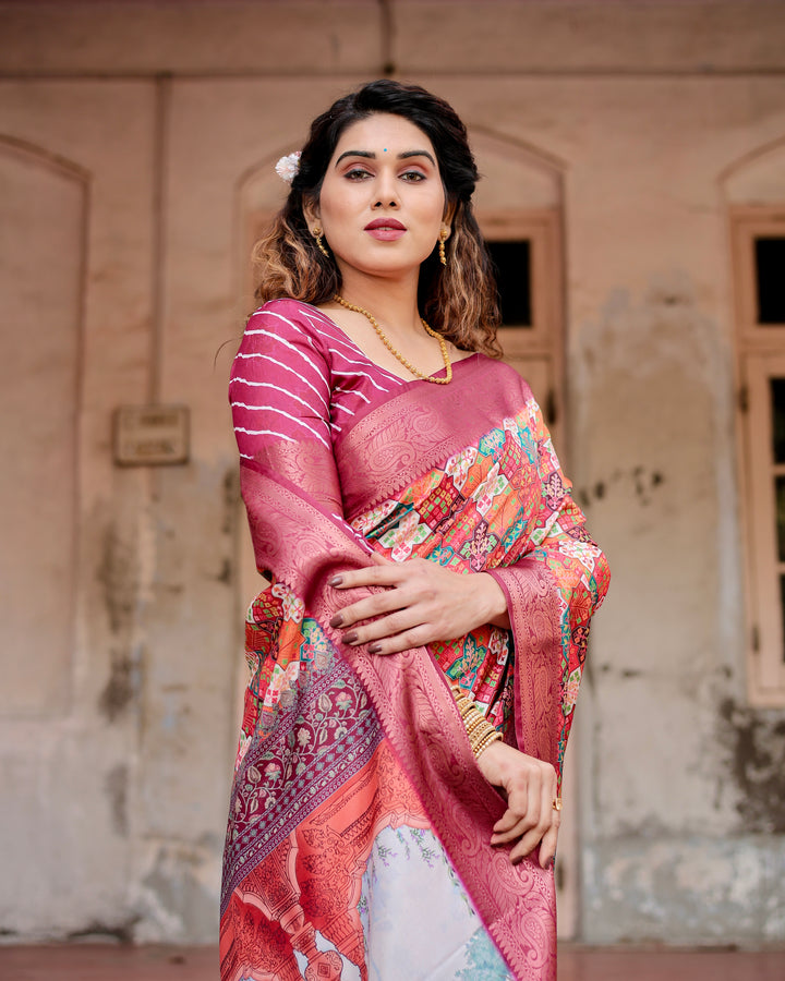 Multicolour Tussar Silk Saree with Patchwork-Inspired Print, Wine Woven Border, Heritage Pallu, Tassels & Attached Blouse