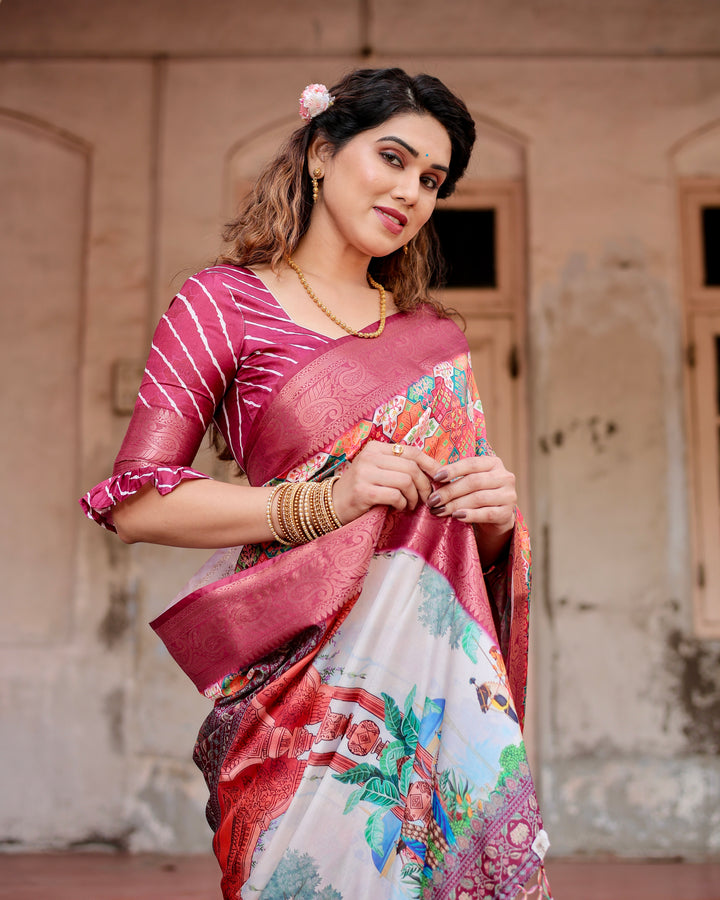 Multicolour Tussar Silk Saree with Patchwork-Inspired Print, Wine Woven Border, Heritage Pallu, Tassels & Attached Blouse