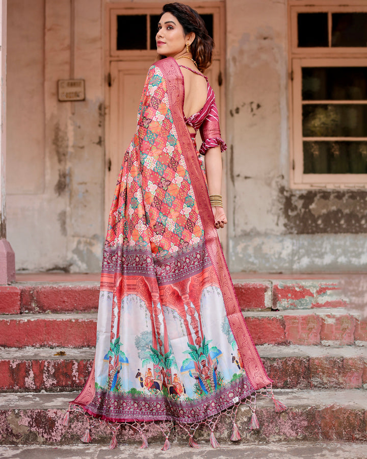 Multicolour Tussar Silk Saree with Patchwork-Inspired Print, Wine Woven Border, Heritage Pallu, Tassels & Attached Blouse