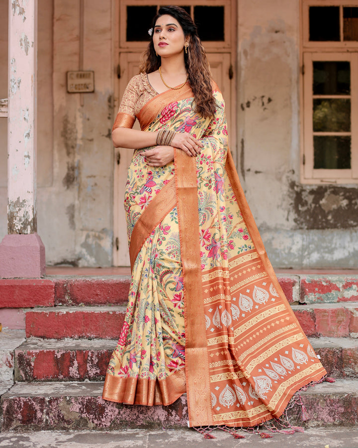 Cream Tussar Silk Saree with Floral & Bird Print, Copper Woven Border, Tassels & Attached Blouse