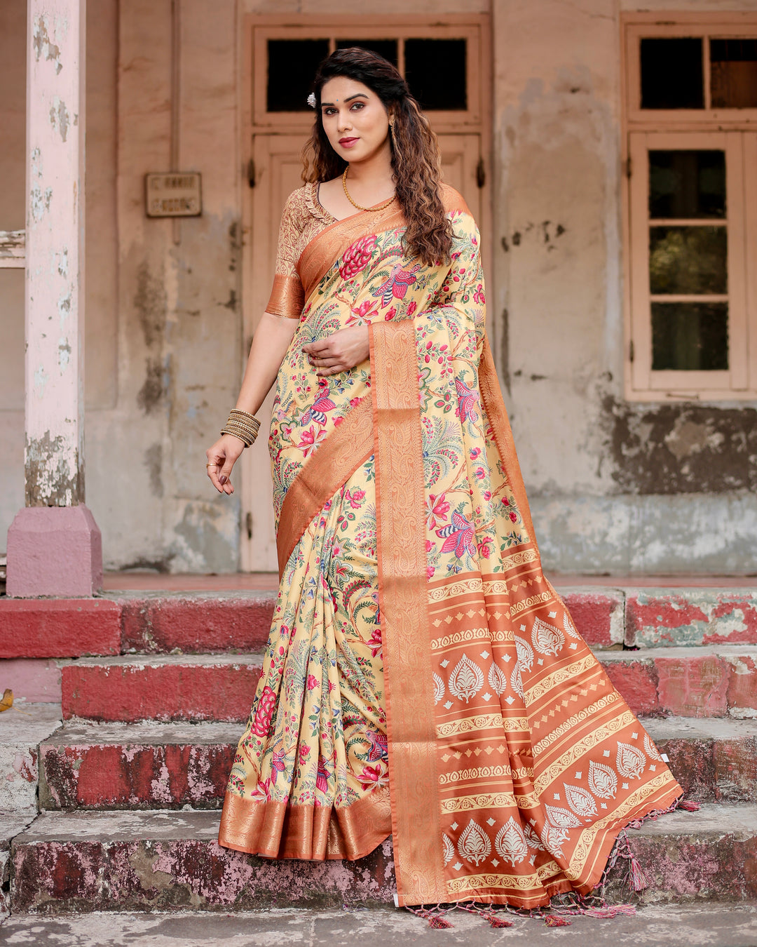 Cream Tussar Silk Saree with Floral & Bird Print, Copper Woven Border, Tassels & Attached Blouse
