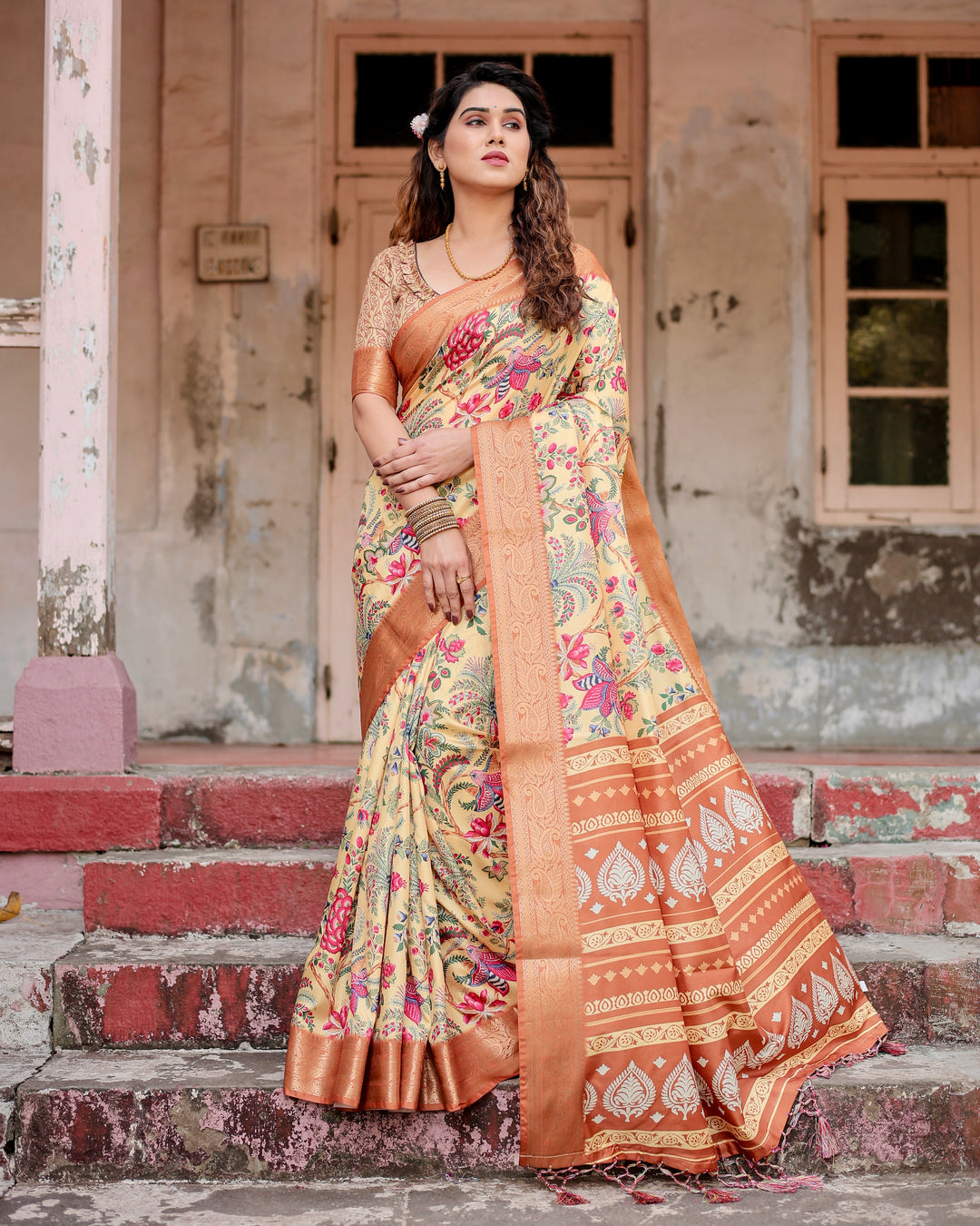 Cream Tussar Silk Saree with Floral & Bird Print, Copper Woven Border, Tassels & Attached Blouse