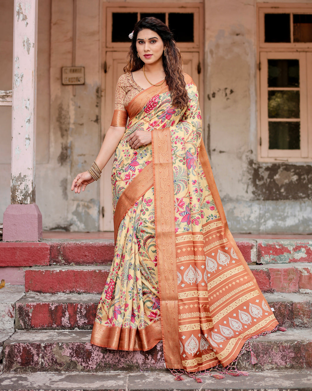 Cream Tussar Silk Saree with Floral & Bird Print, Copper Woven Border, Tassels & Attached Blouse