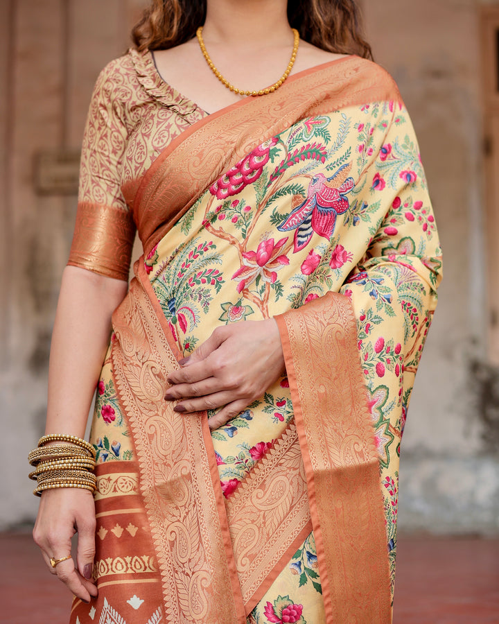 Cream Tussar Silk Saree with Floral & Bird Print, Copper Woven Border, Tassels & Attached Blouse